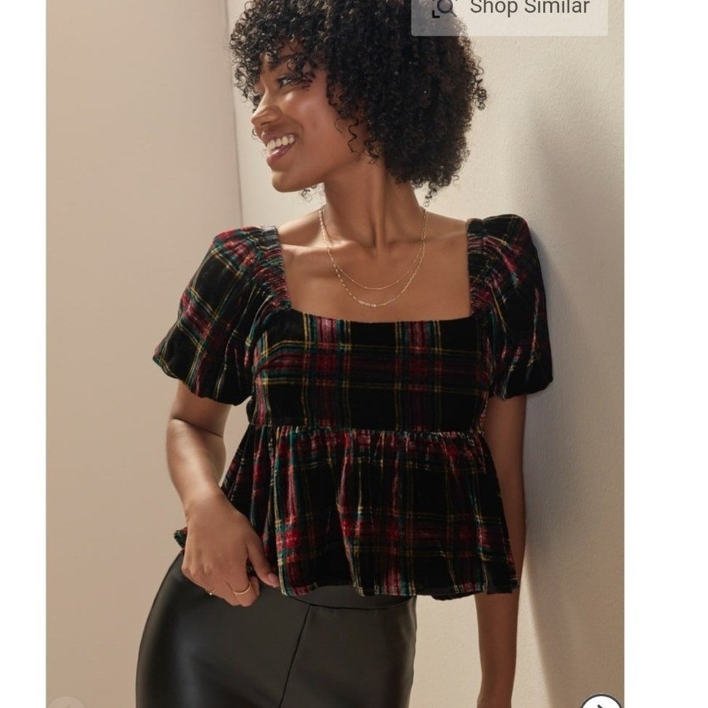 Francesca's Coquette Regencycore Velvet Plaid Off-the-Shoulder Peplum Top Black